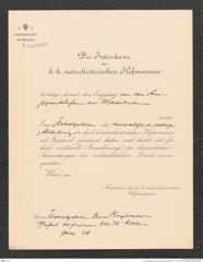 k.k. naturhistorisches Hofmuseum, Intendanzakten 1885-1896 (Hauer), Aktenzahl Z.459/1889, Seite 1